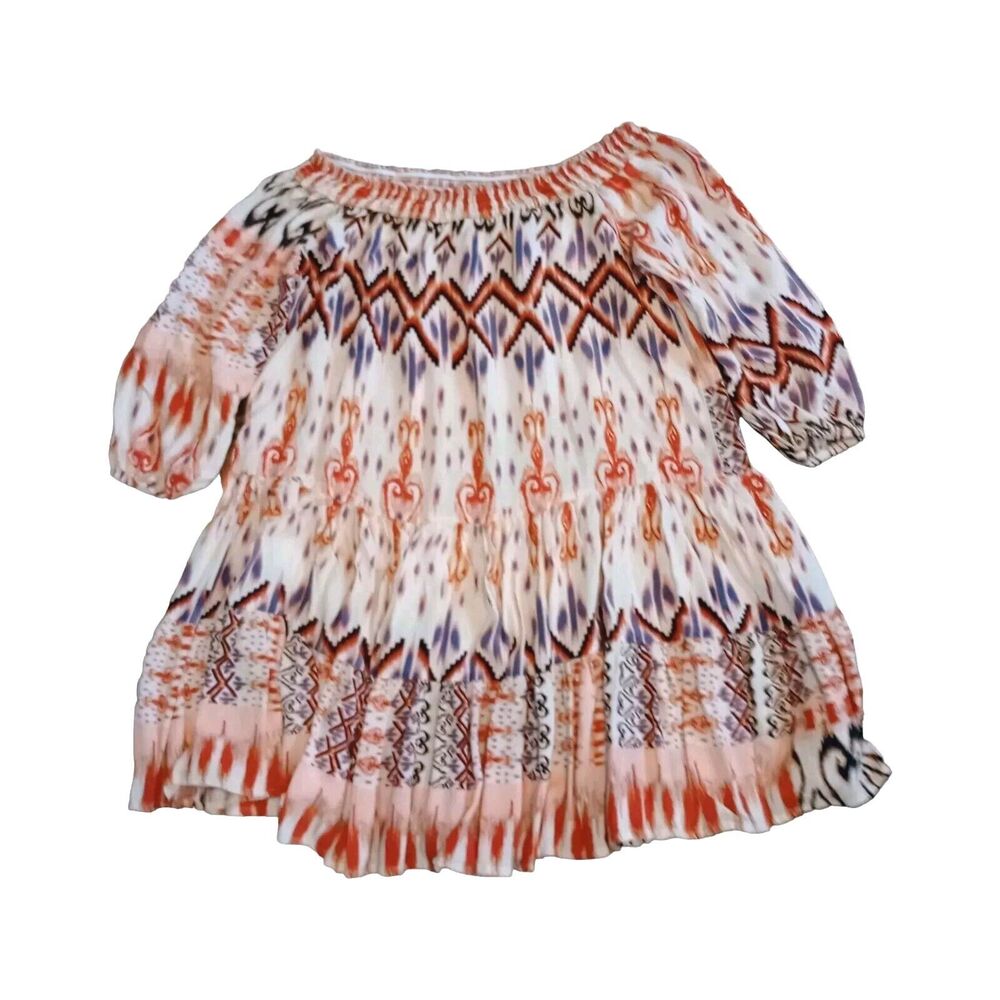 Off Shoulder Dress Sz 4/6Cream Red/Orange Blue Flowy Mini Coquette Lascana